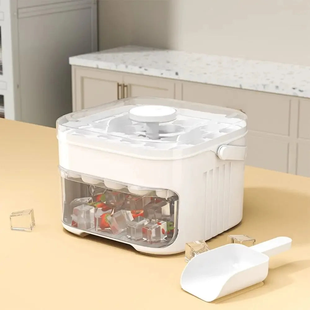 Ice maker with 50 cubes and easy-press lid, double-layer ice cube tray, refrigerator ice box for home ice storage