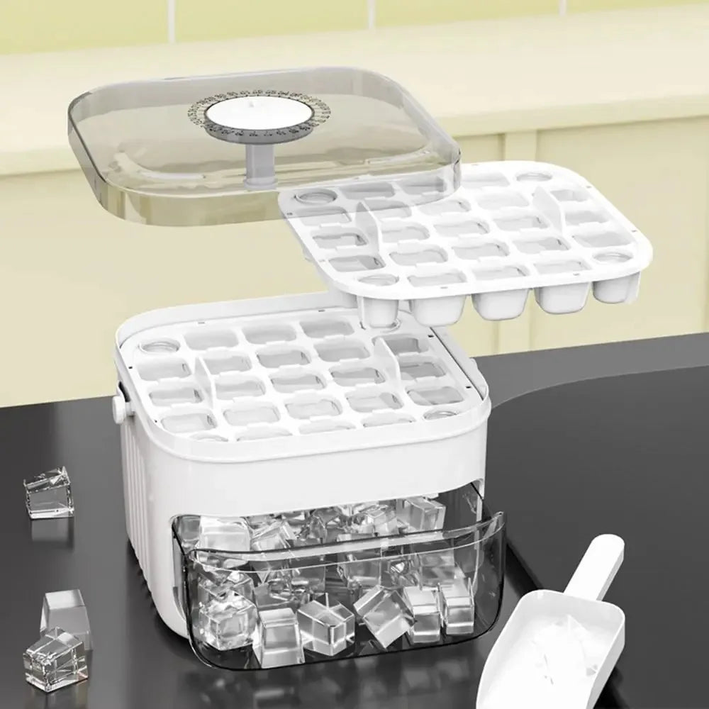 Ice maker with 50 cubes and easy-press lid, double-layer ice cube tray, refrigerator ice box for home ice storage