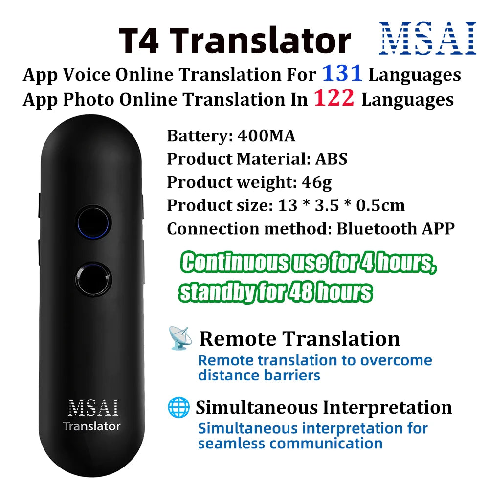 MSAI T20 Portable Translator 15 Offline Languages 98% Accuracy Tow-Way Realtime 160 Online Translation for Travel Business