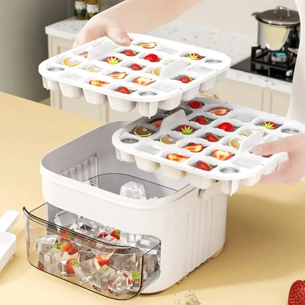 Ice maker with 50 cubes and easy-press lid, double-layer ice cube tray, refrigerator ice box for home ice storage