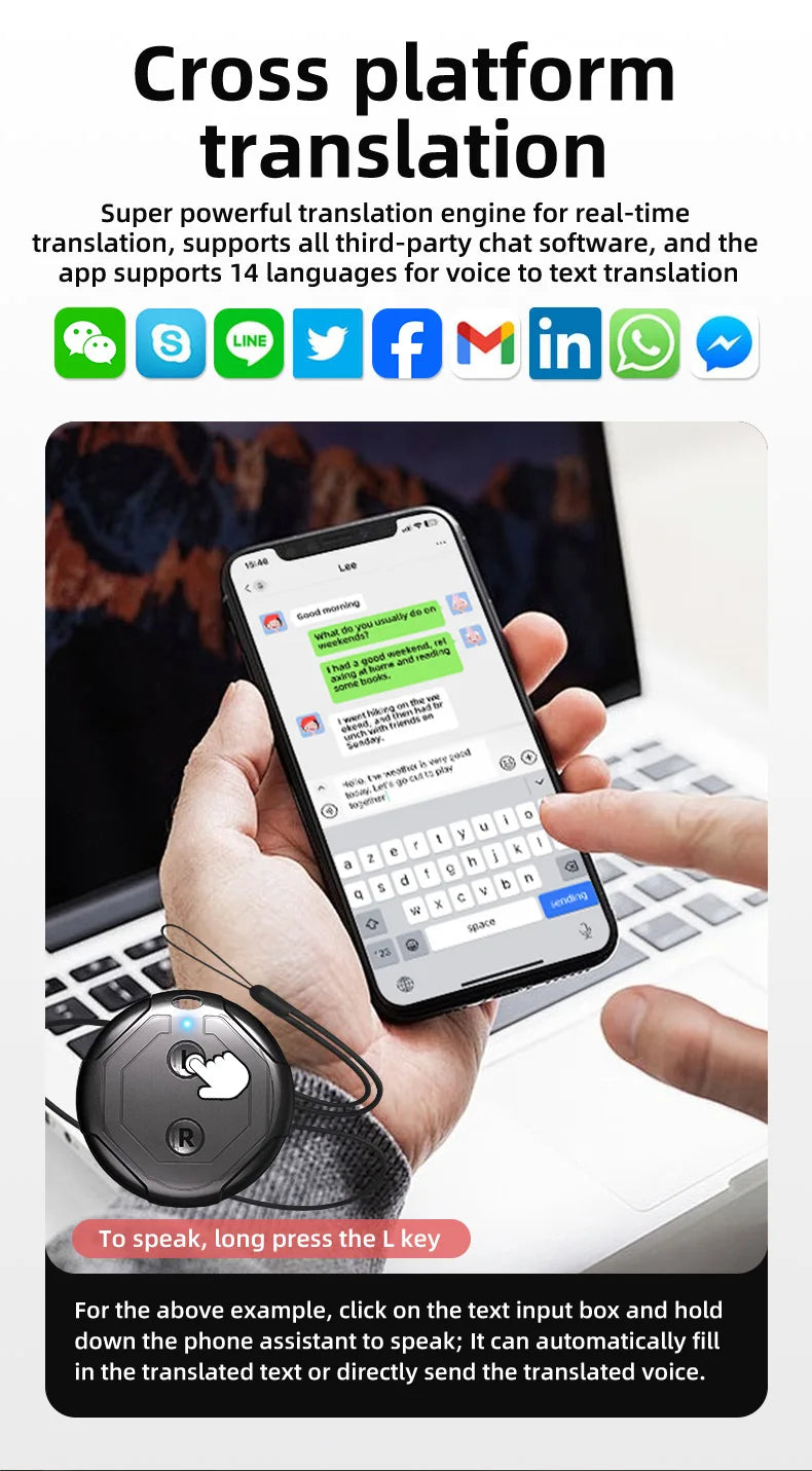 Tradutor de Voz Portátil de IA em Tempo Real 16 Idiomas Tradução Simultânea Bidirecional Mini Tradutor de Bolso Para Viagens e Reuniões